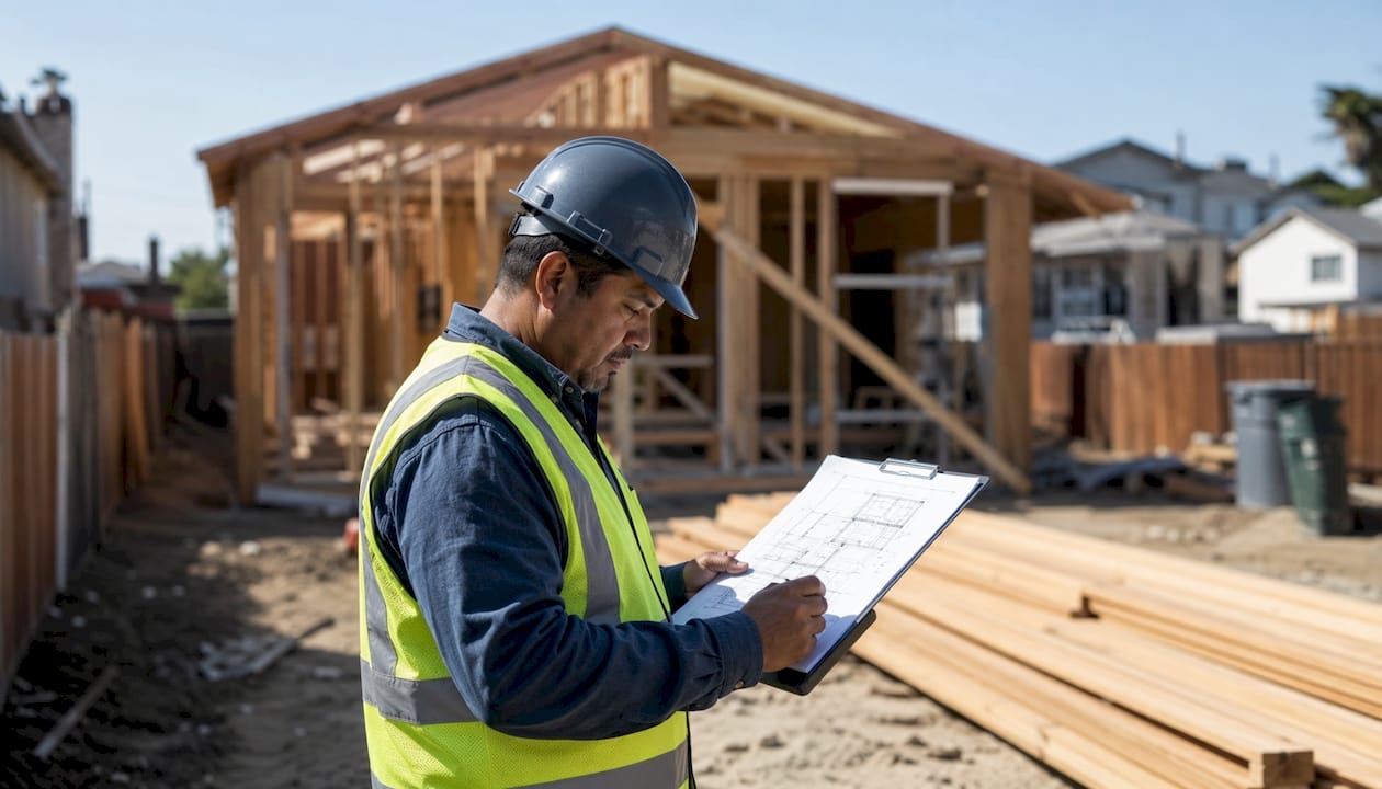 Construction manager reviewing ADU build plans outdoors