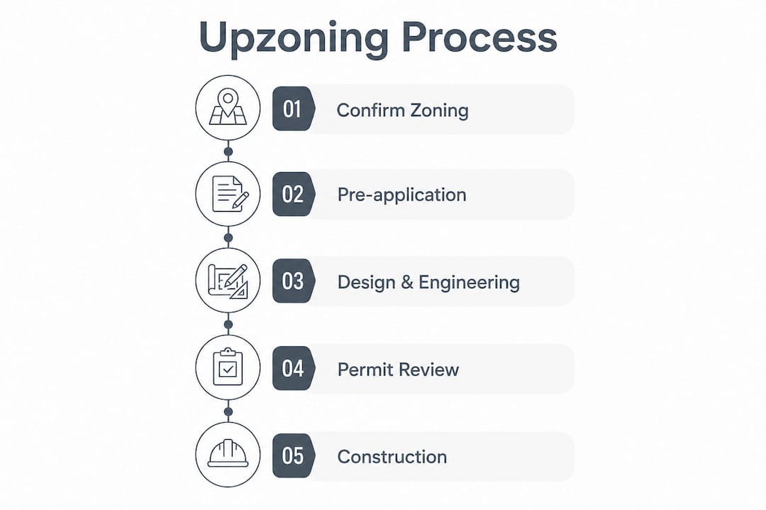 Infographic showing steps of upzoning and ADU build process