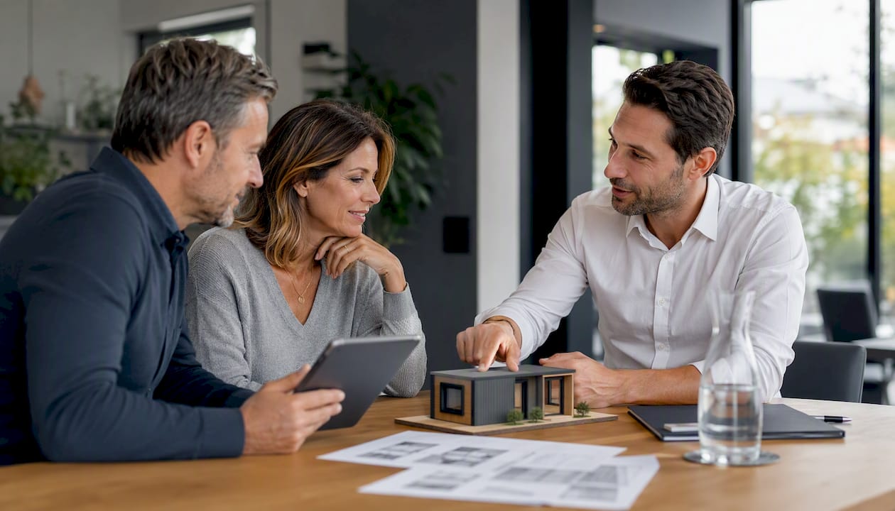 Couple consulting financial advisor about modular ADU costs