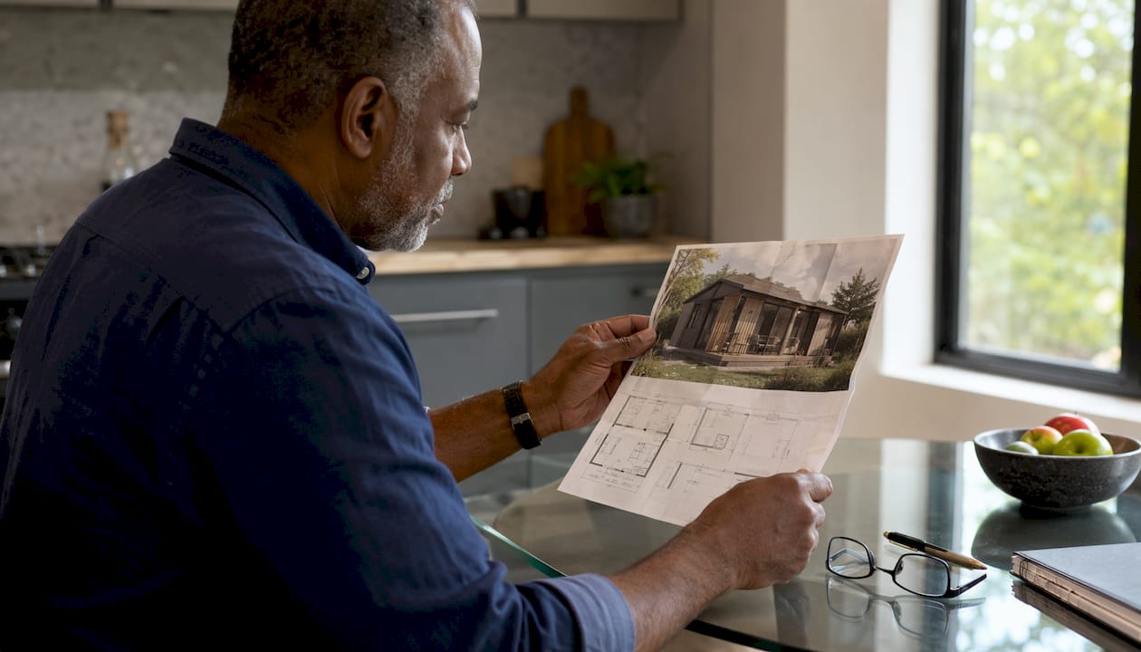 Top-down of hands reviewing tiny house listing