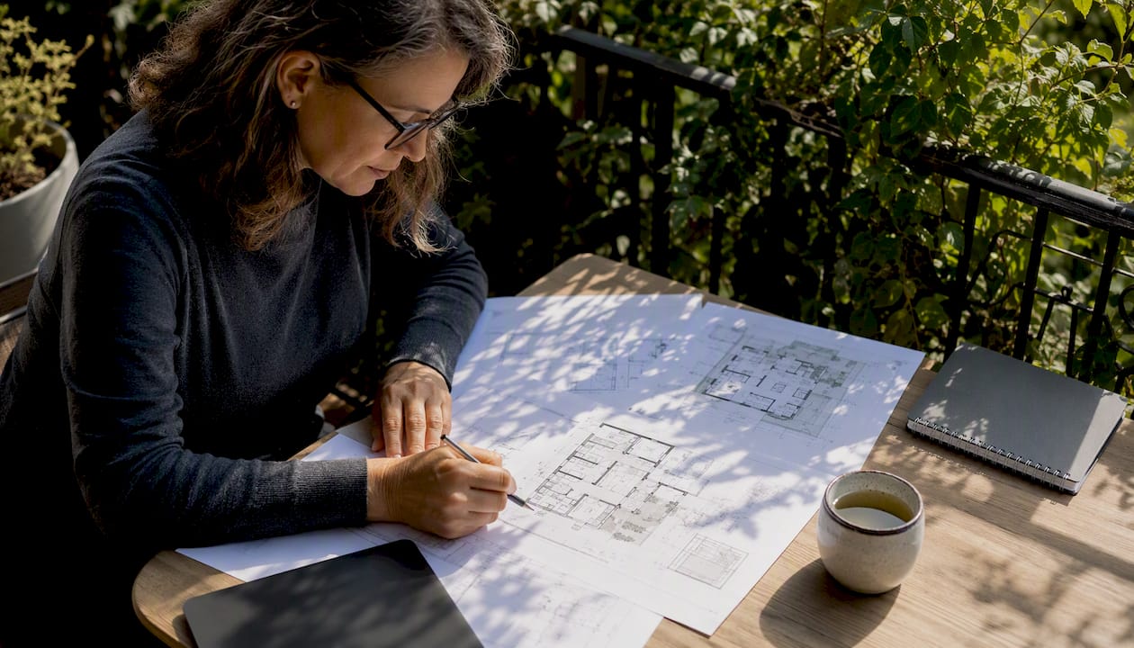 Homeowner reviewing ADU floor plans