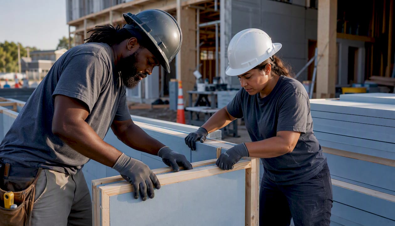 Factory workers assembling modular walls with insulation