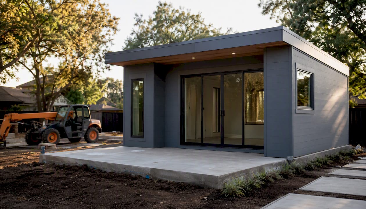 Prefab ADU on foundation ready for finishing