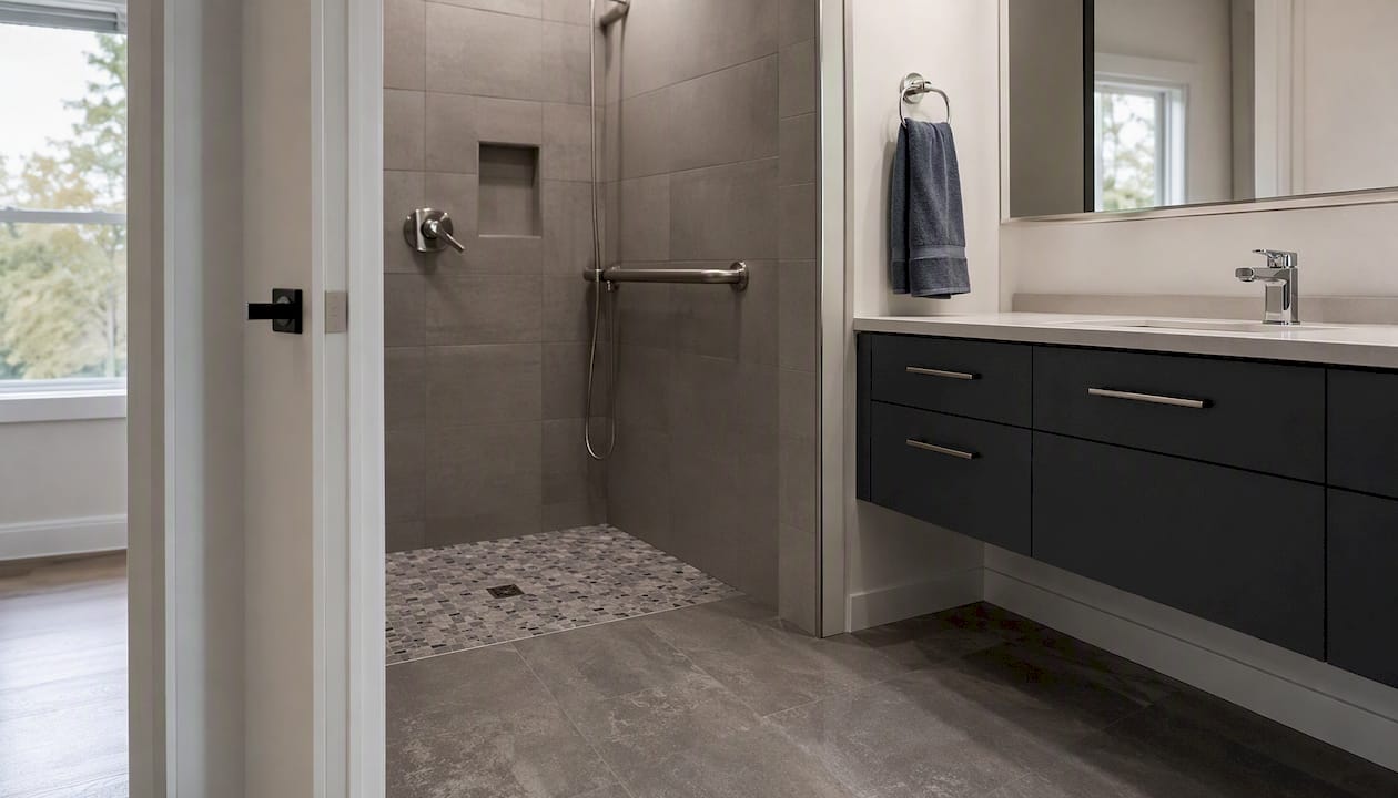 Accessible ADU bathroom with zero-threshold shower