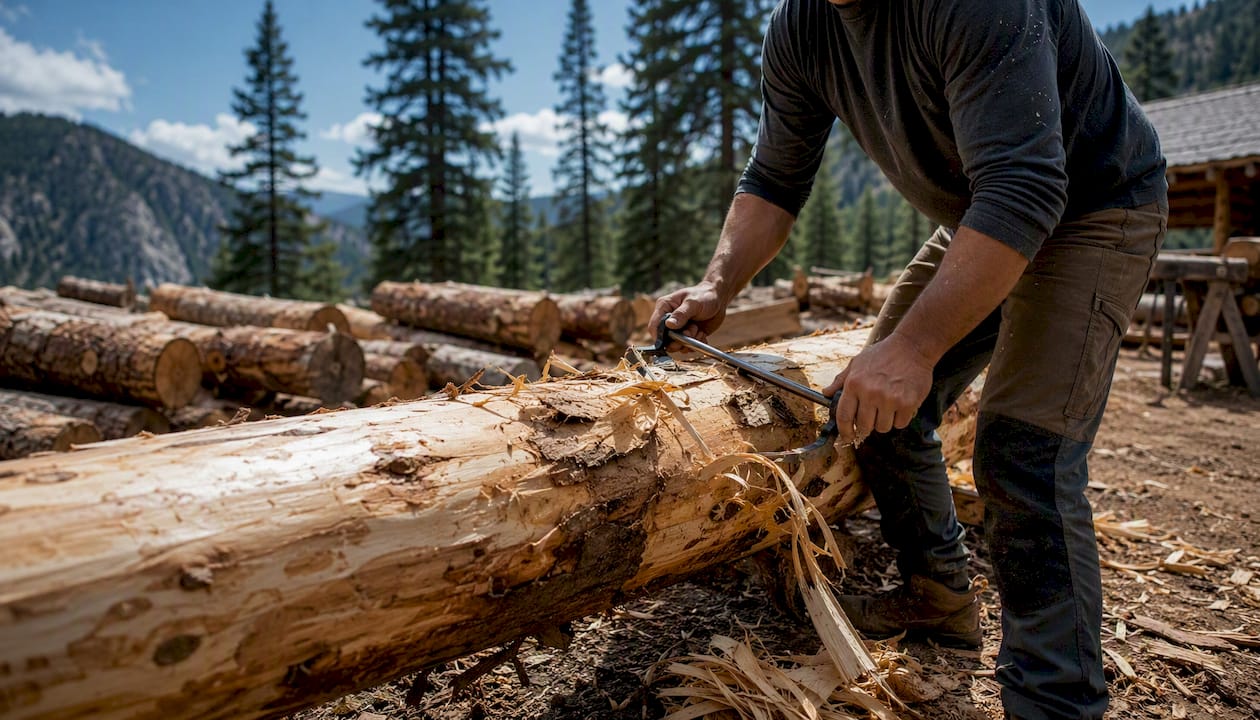 Hands peeling bark off log for barn construction