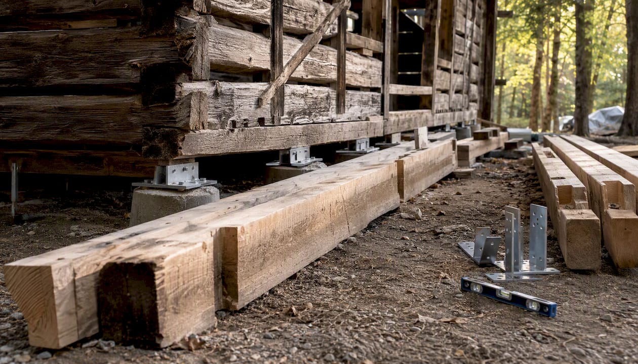 Foundation repair and base log replacement at log barn