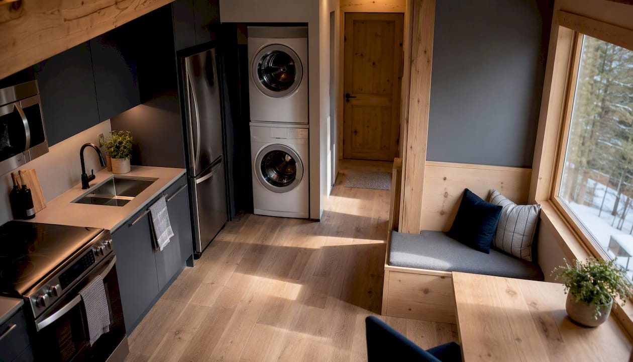 Alpine cabin ADU interior kitchen and laundry