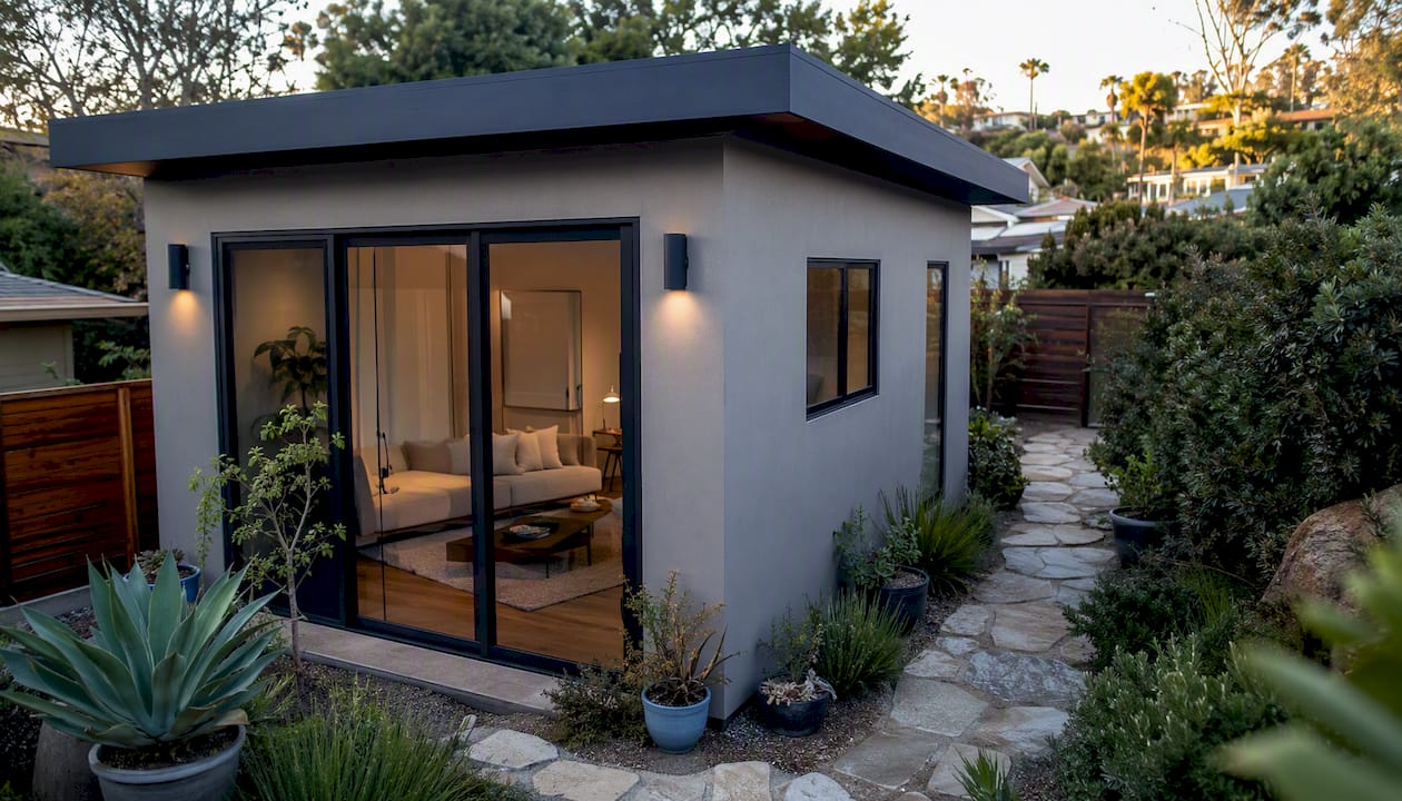 Modern detached ADU exterior in sunny backyard