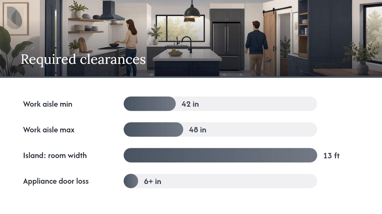 Diagram of kitchen clearance measurements and island spacing