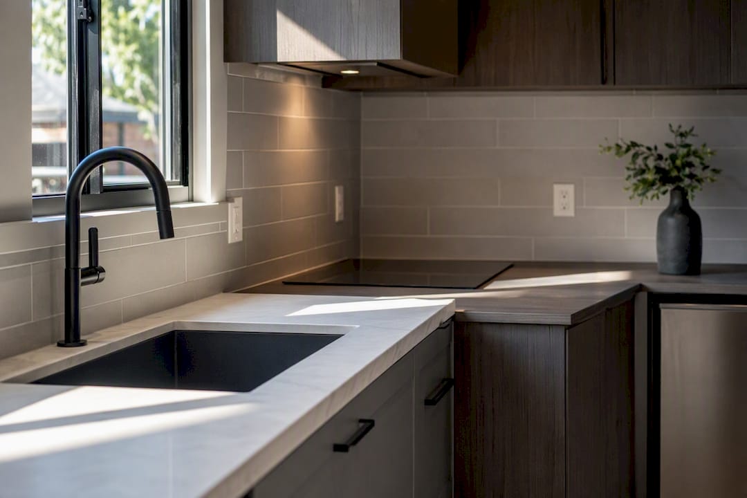 Quartz and laminate kitchen countertops side by side