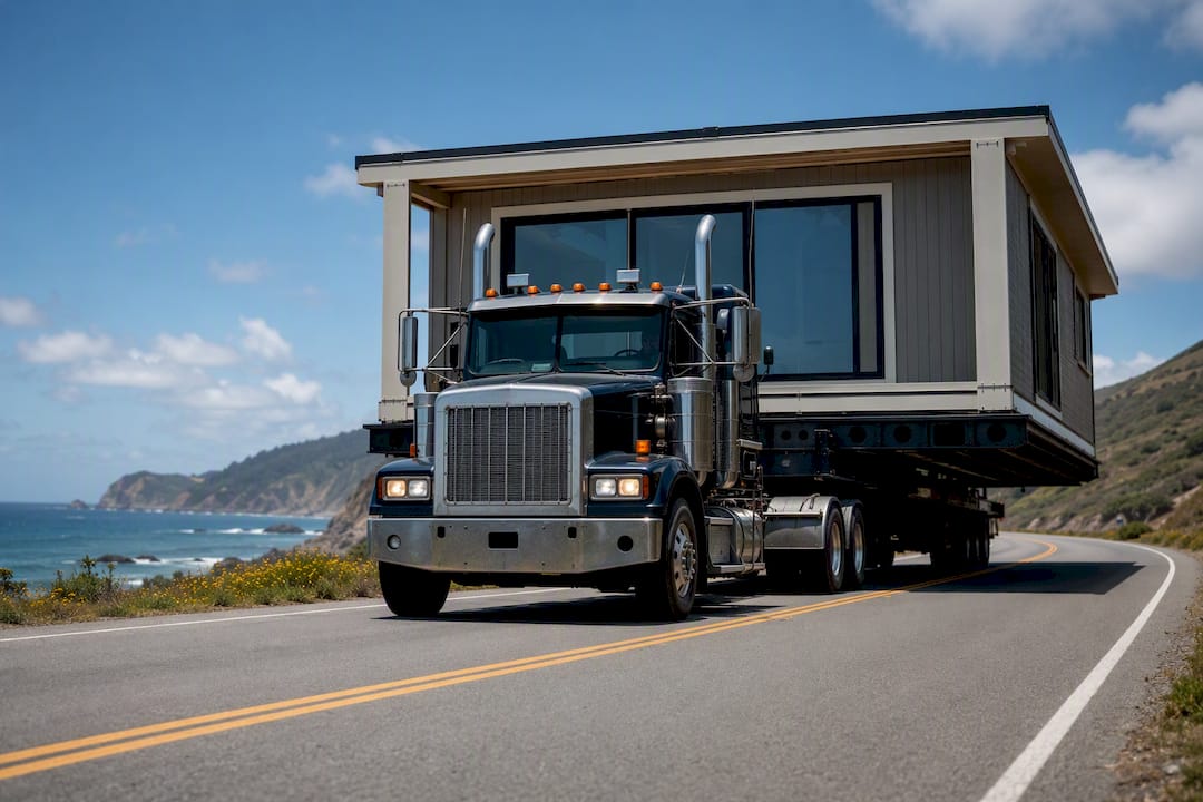 Totter truck carrying modular home module on road