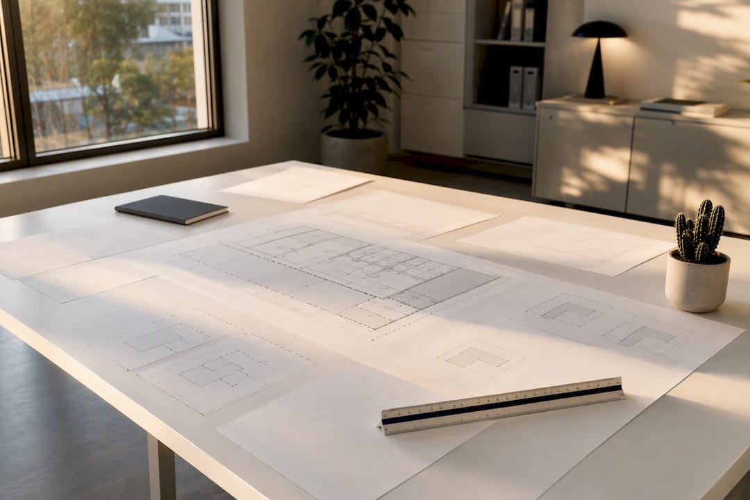 Close-up of site plans and measuring tools in planning office