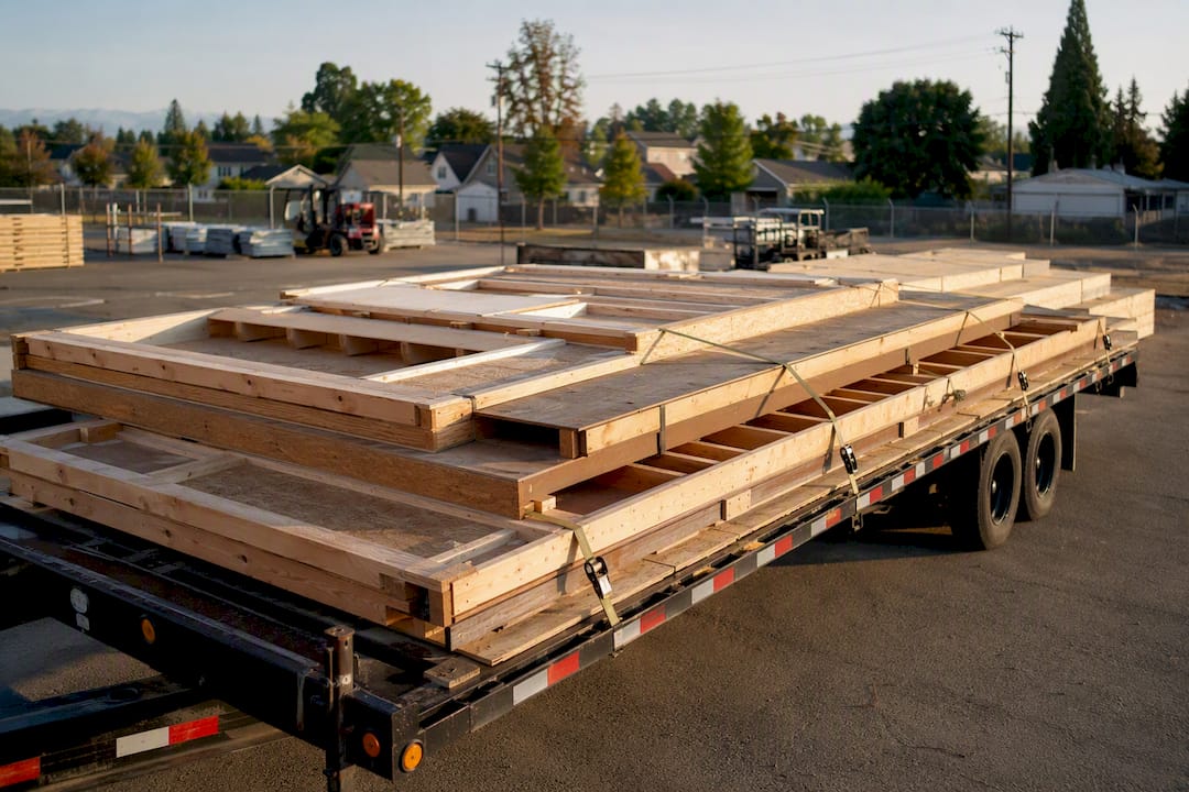 Panelized ADU panels staged for site assembly