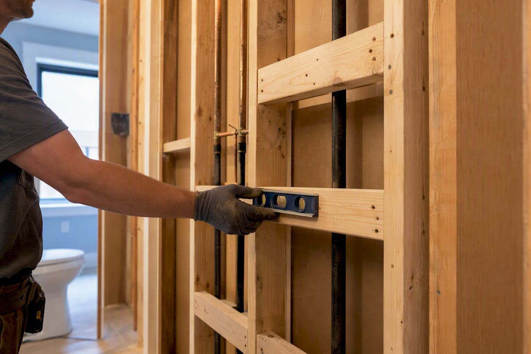 Bathroom wall framing with grab-bar blocking