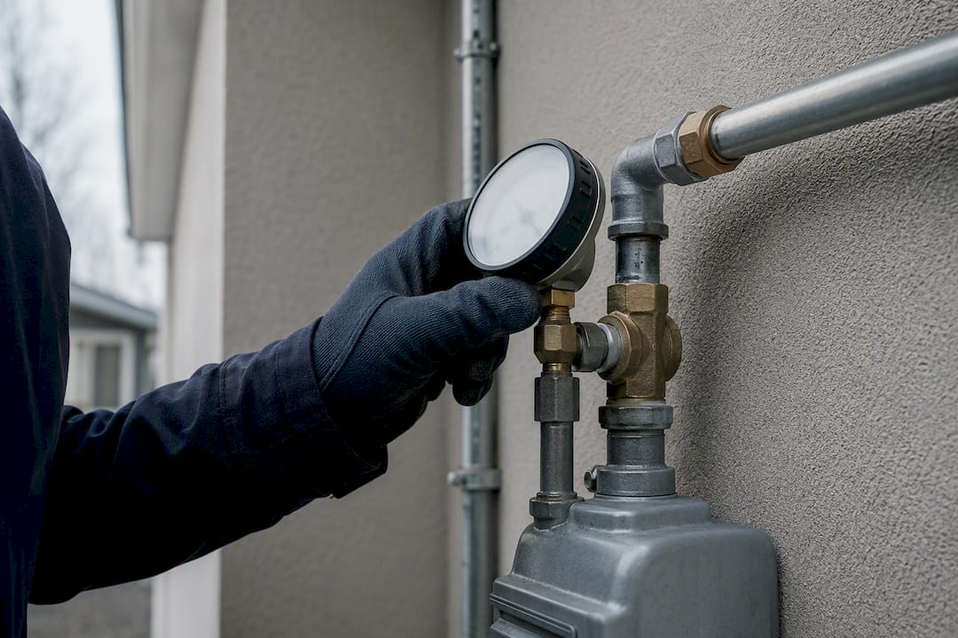 Technician testing pressure on an ADU gas line
